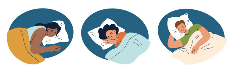 Collection of minimalist illustrations with sleeping people. Men and women resting on pillows under blankets in various sleeping positions. Flat cartoon set on healthy sleep, relaxation, rest, comfort