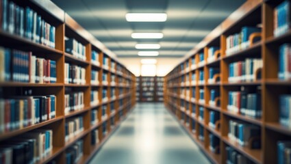 Fototapeta premium In the serene space of the library, rows of indistinct bookcases extend through the vacant area, filled with literature and textbooks providing knowledge in diverse fields of study.