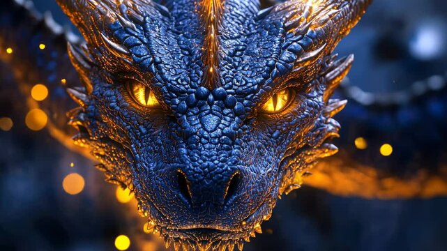 A close-up of a majestic blue dragon with glowing golden eyes and shimmering scales.