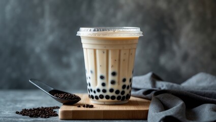 Bubble milk tea in a plastic takeout cup