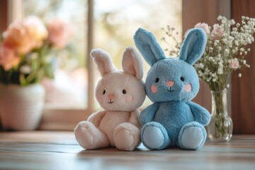 Two adorable plush bunny rabbits sitting on a window sill