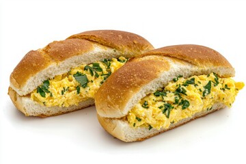 Delicious egg salad sandwiches with fresh herbs on white background capturing culinary delight