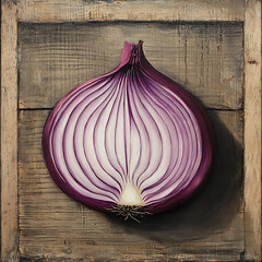 Fresh red onions and slices on a wooden board, showcasing a natural and organic vegetable for cooking