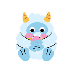Cute cartoon snow yeti in eating ice cream pose. Funny character participate in winter activities. New Year and Christmas, winter holidays. Adorable furry monster sticker