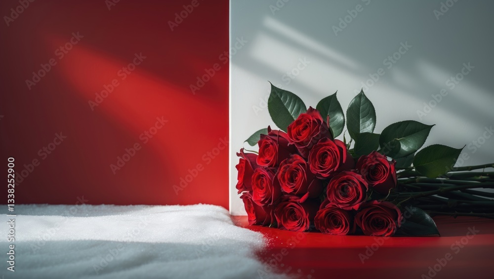 Poster bouquet of red roses against a red backdrop with space for text.