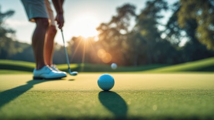 Blurred golfer putting ball on the green golf course, with lens flare visible. Golfer's action aimed at winning after a long putt to sink the ball into the hole.