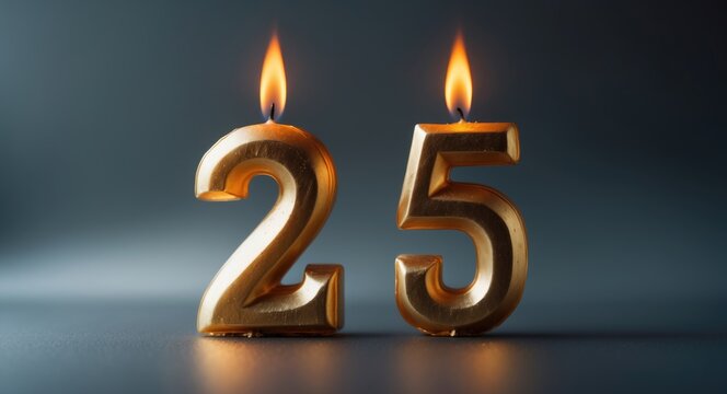 Burning gold birthday candles on a gray backdrop, showing the number 25.