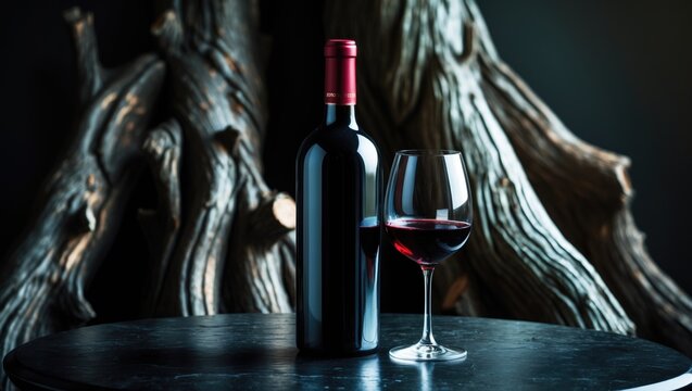 Bottle and glass of red wine placed on a black stone table, with an aged, weathered snag in the background. Frontal perspective featuring copy space.