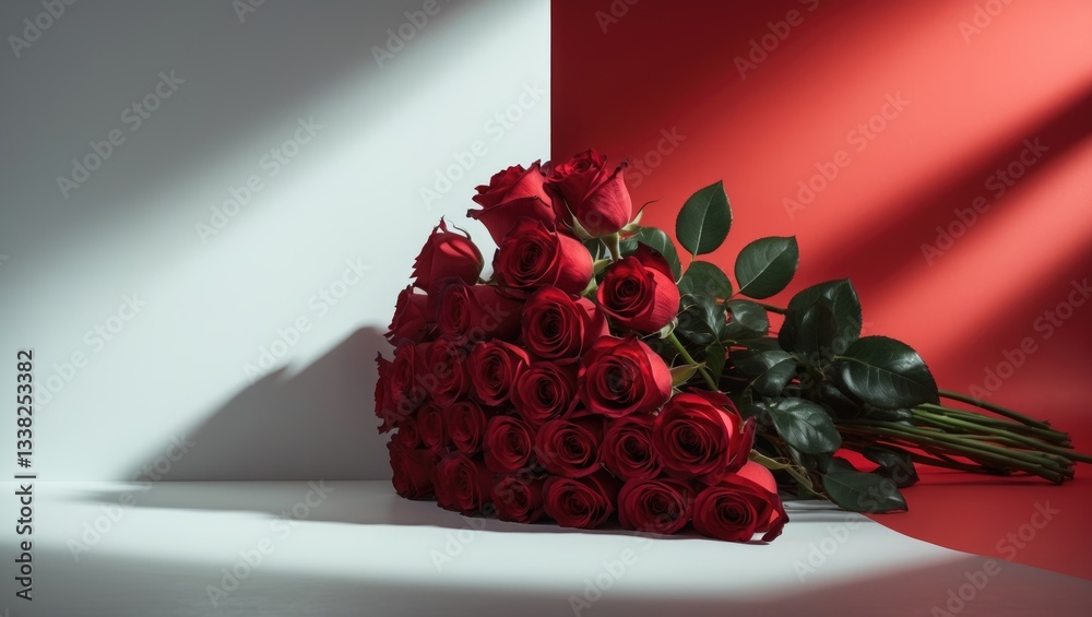 Aufkleber bouquet of red roses set against a red backdrop with space available for text.