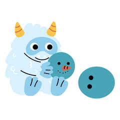 Cute cartoon snow yeti in make snowman pose. Funny character participate in winter activities. New Year and Christmas, winter holidays. Adorable furry monster sticker