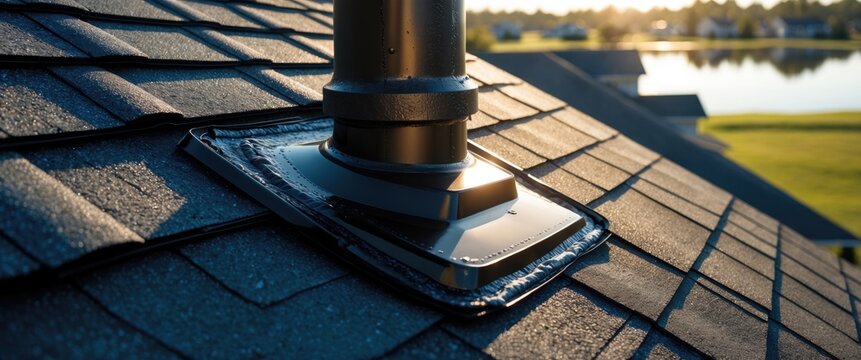 Vent on a shingle roof featuring caulking and flashing for an effective water tight seal.