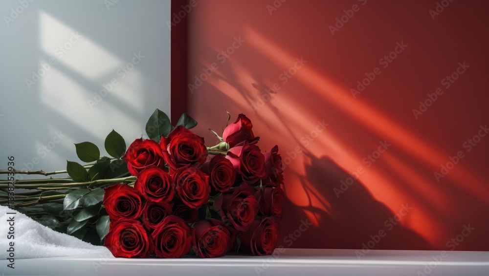 Aufkleber bouquet of red roses set against a red background with an area for text.
