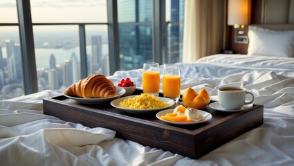 Breakfast served in a hotel room.