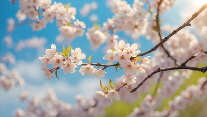 Obraz premium Branch of cherry blossom flower blooming with copy space. Closeup view of cherry blossom flower against a blue sky backdrop.