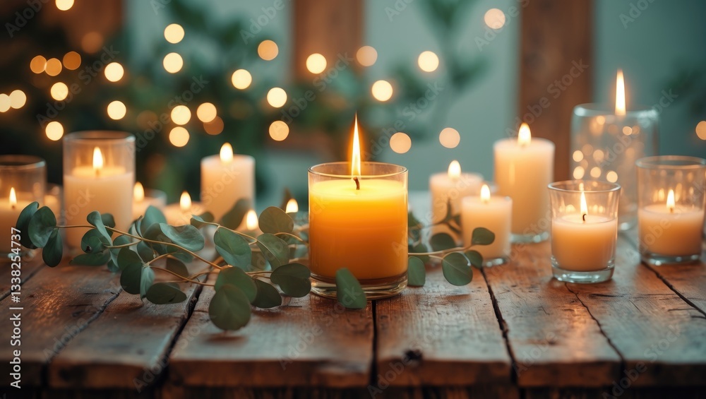 Poster Burning scented candle and eucalyptus branch on a table. Area for text.