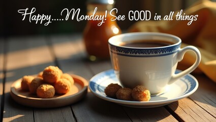 Happy Monday inspirational quote - Discover the good in everything. Featuring a classic coffee cup and brown sugar on a plate on the table. Morning coffee with encouraging words.