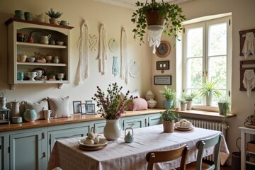 A cozy room filled with tatting supplies, with finished lace pieces hanging on the wall and a sunny window in the background. The phrase "International Tatting Day" is displayed cheerfully