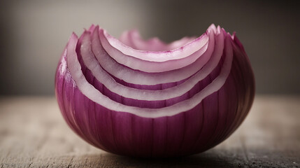 Fresh red onions and slices on a wooden board, showcasing a natural and organic vegetable for cooking