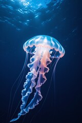 Naklejka premium A fluorescent Jellyfish in the deep blue ocean