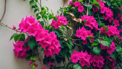 A stunning bougainvillea vine displaying vibrant pink blooms climbing a wall, with green and dried leaves contributing texture. Ideal for nature and floral-themed imagery.