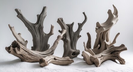 Fototapeta premium Various textured driftwood pieces on white background. Isolated. Cutout.