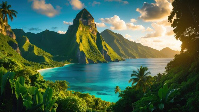 Peaks of the volcanic pitons overlooking the bay