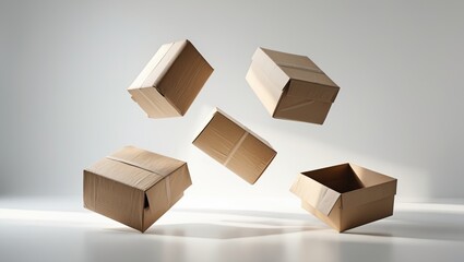 Fototapeta premium five floating closed cardboard boxes on a white isolated backdrop