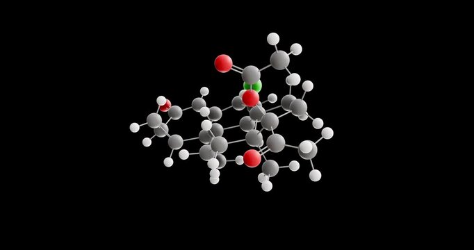 Cyproterone acetate molecule, rotating 3D model of androgen antagonist, looped video on a black background