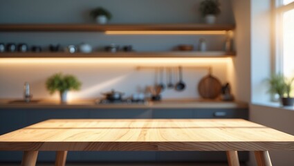 Empty wooden table in the kitchen with a blurred background illuminated by sunlight filtering through the window.