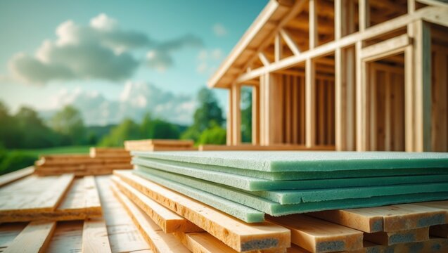 Building construction of a wooden frame house using structural insulated panels. Eco-friendly energy-efficient green technology.