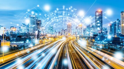 City at night moving train tracks connected by digital network