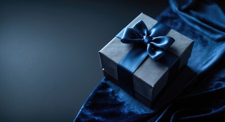 Small luxury gift box with a blue bow on a dark blue surface. Side view monochrome. Gift for him. Corporate gift idea or birthday celebration. Festive sale banner with copy space.