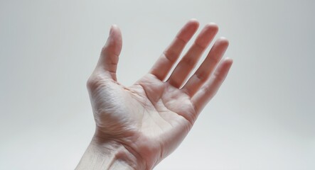 Hand palm open displaying an empty space, isolated. Finger gesture with white skin from the adult human, symbolizing a take-give concept. Close-up of a Caucasian person's arm.
