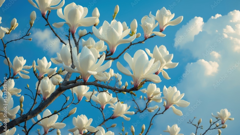 Poster branches of blooming white magnolia against a blue sky with clouds. trees flowering in spring.