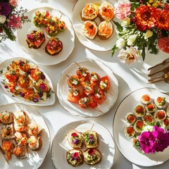 Delicious assortment of colorful canap&eacute;s displayed on unique plates creating festive gathering ambiance from above