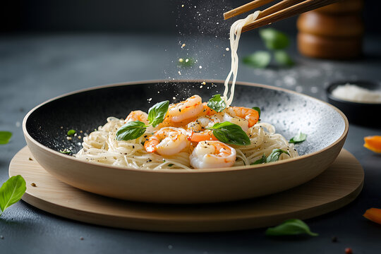 presentation shrimp on platter noodle