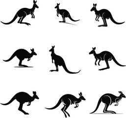 Kangaroo icon silhouette vector set illustration with solid white background