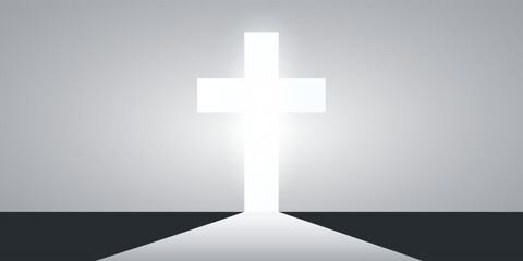 Obraz premium Christian Cross Symbol and Light at the End of the Road - Sign of Crucifix, Easter, Purity, Faith, Baptism, Holy Spirit, Evangelization and Resurrection - Grey Background with Bright Rays of Light