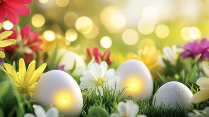 Glowing Easter Eggs In A Colorful Flower Garden.