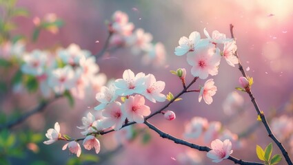 Flowering branches against a blurred colorful background.