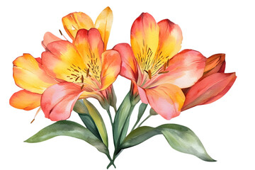 Fototapeta premium Watercolor Alstroemeria Lily Bouquet with Orange Yellow and Red Petals with Transparent Background Floral Illustration for Decorative Artwork