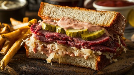 Hearty reuben sandwich on wooden board with golden french fries for flavorful lunch in classic diner style cuisine