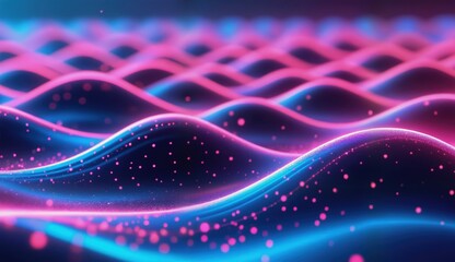 Obraz premium A dynamic, abstract digital landscape featuring undulating waves of dark, textured material illuminated by vibrant neon lines in pink and cyan.