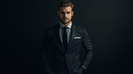 Portrait of a handsome young businessman in a suit, confident and elegant with a serious expression in a studio setting