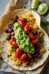 A colorful tortilla bowl is carefully arranged with layers of yellow rice, black and red beans, cherry tomatoes, and vibrant avocado. Fresh lime slices accompany the dish