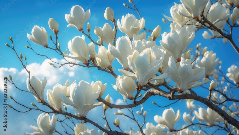 Aufkleber Branches of white magnolia in bloom against a backdrop of blue sky with clouds. Trees flowering in spring.