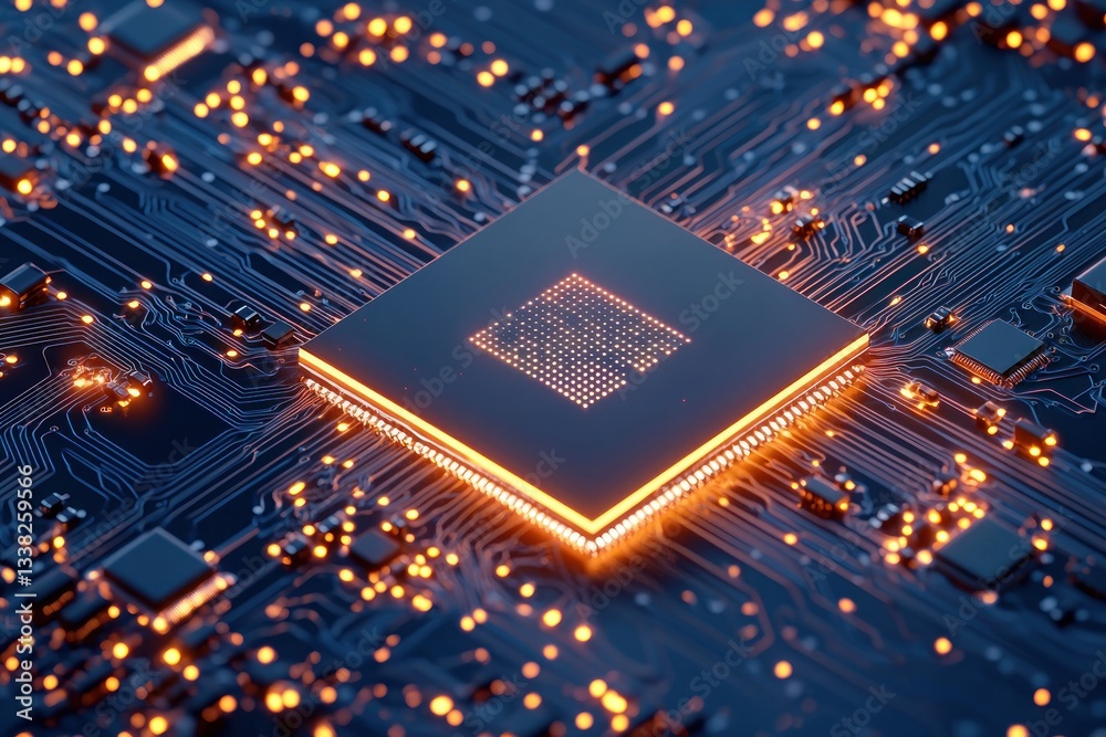Poster semiconductor chip on circuit board showcasing innovation integration and digital advancement