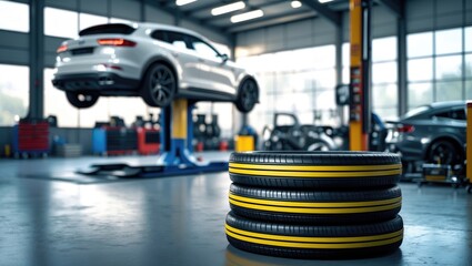 New tires designed for changing in the auto repair service center, with a blurred background featuring a new car in stock blur for the industry, a set of four-wheeled tires located in a large wareh...