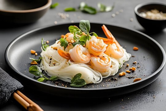 presentation shrimp on platter noodle