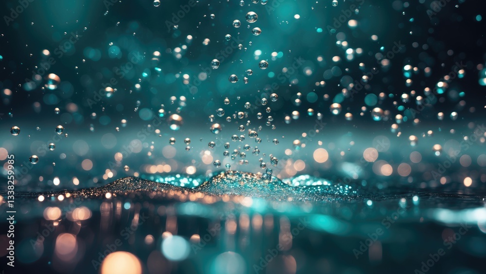 Poster Bokeh light overlay. Glitter texture blur. Shimmering bubbles in water. Defocused color particles on a dark abstract backdrop.